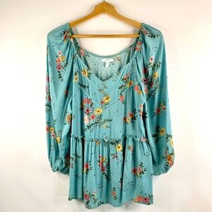 Floral peasant blue/green/pink babydoll cottagecore v-neck flowy sleeve blouse